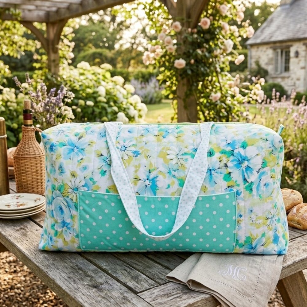 Turquoise And Lime Floral Quilted Duffle Bag Large 24" Summer Travel Weekender